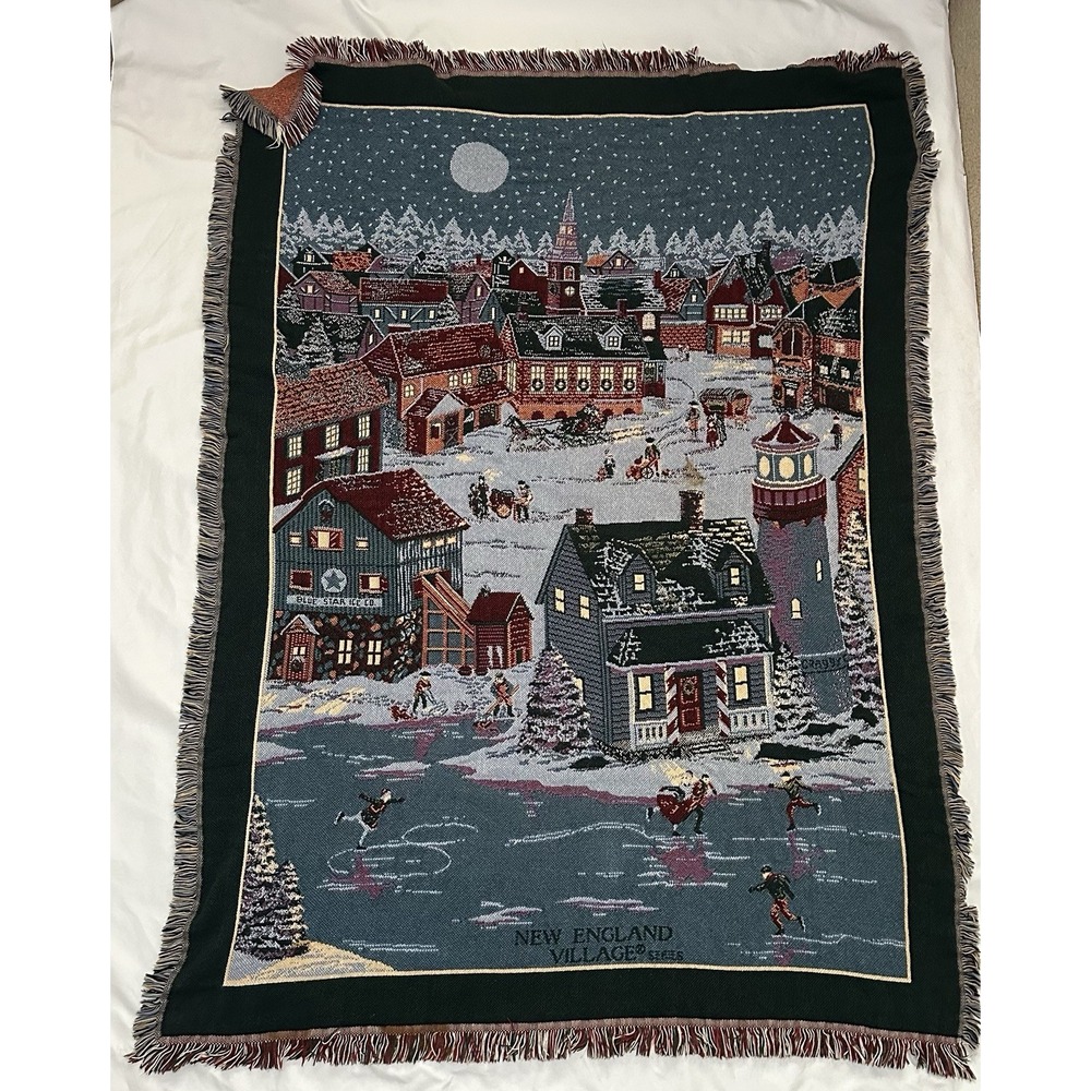 New England Christmas village Tapestry Blanket Throw 64"x44" USA Made Vintage